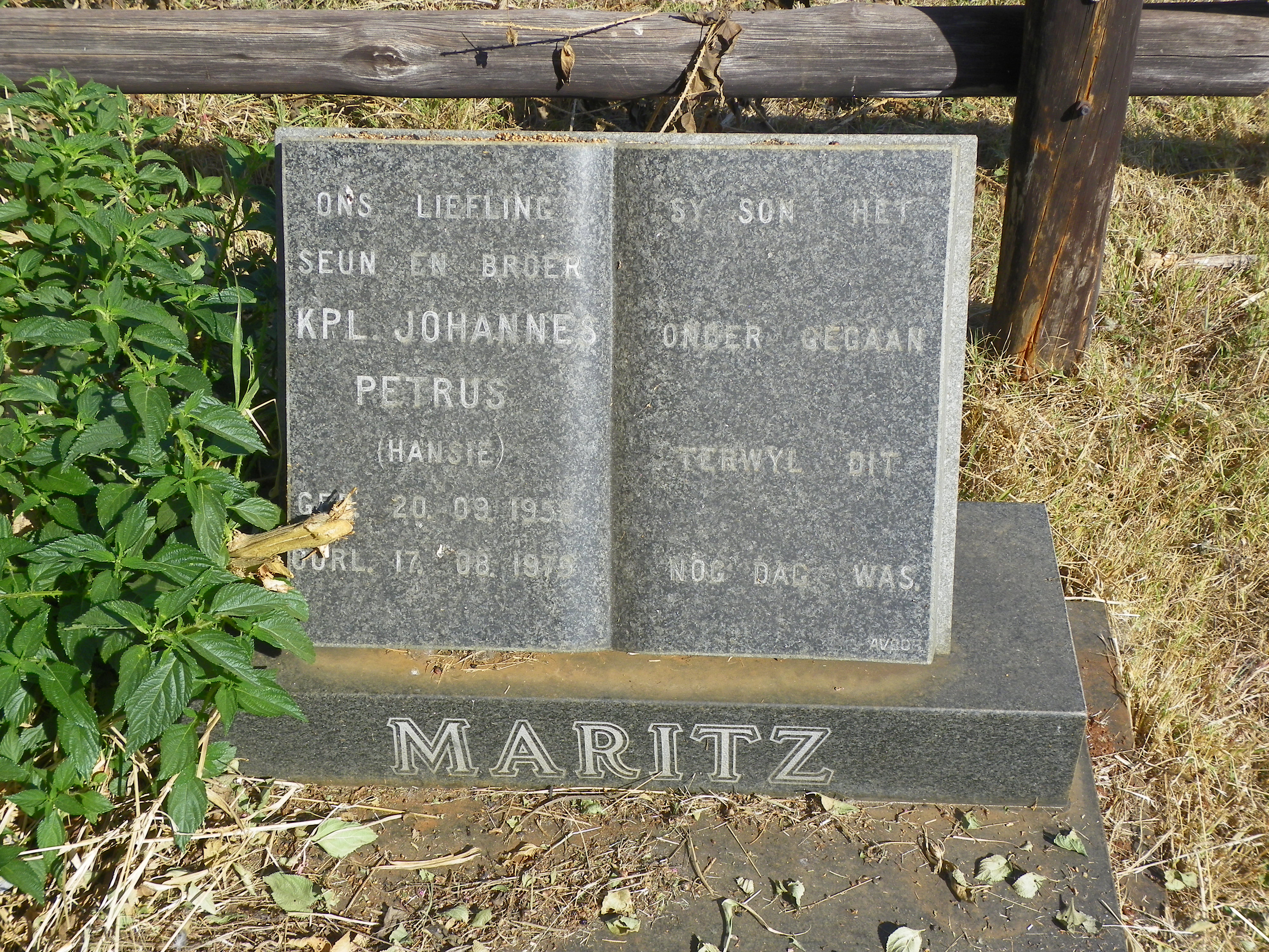Photo from /search/photos/South Africa/Mpumalanga/BARBERTON CEMETERY/MARITZ JP kpl.JPG